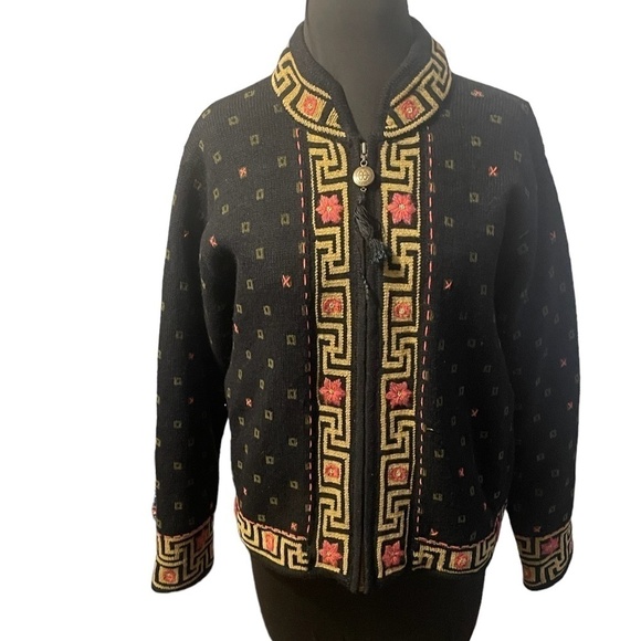 Icelandic Design Floral Embroidered Black Wool Zip Up...